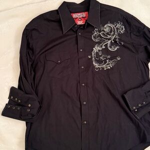 Rock & Roll Cowboy Black Western Snap Shirt - XXL - White Embroidery Scroll